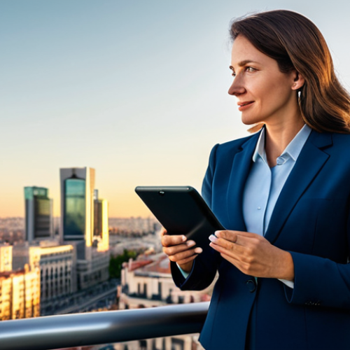 Home 17 **
A professional businesswoman in a modest business suit, standing confidently in front of the Madrid skyline at sunrise, fully clothed, appropriate attire, safe for work, perfect anatomy, natural proportions, professional photography, high quality. She is holding a tablet displaying a graph with upward trending data. The overall tone is optimistic and forward-thinking. Family-friendly content.
**