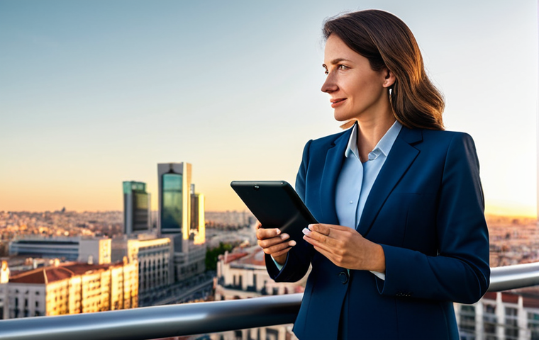 **

A professional businesswoman in a modest business suit, standing confidently in front of the Madrid skyline at sunrise, fully clothed, appropriate attire, safe for work, perfect anatomy, natural proportions, professional photography, high quality. She is holding a tablet displaying a graph with upward trending data. The overall tone is optimistic and forward-thinking. Family-friendly content.

**