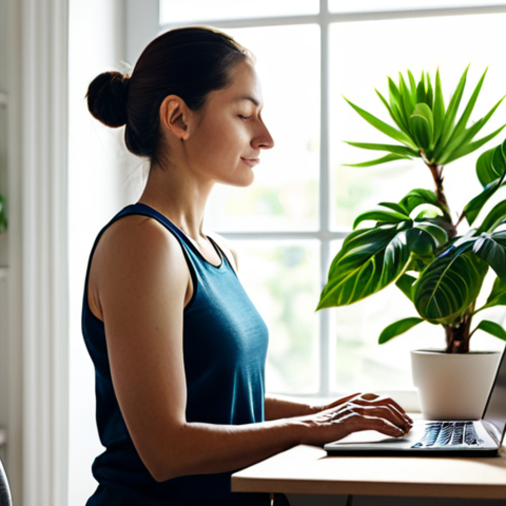 집에서 할 수 있는 스트레스 관리법 - Tranquil Home Workspace**

Prompt: A woman in comfortable, modest clothing practices yoga in a sunli...