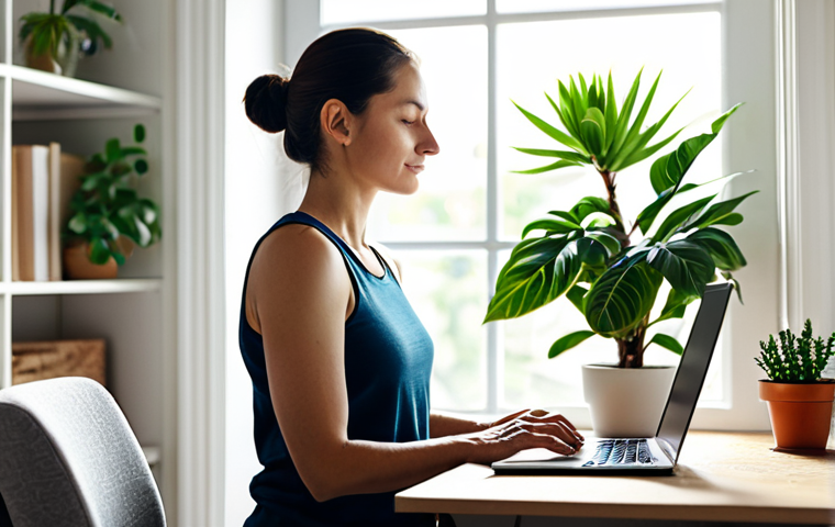집에서 할 수 있는 스트레스 관리법 - Tranquil Home Workspace**
Prompt: A woman in comfortable, modest clothing practices yoga in a sunli...