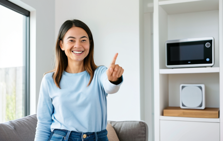 음성 인식 기기 활용법 - Smart Home Control**
A woman in a brightly lit, modern living room, fully clothed in comfortable, c...
