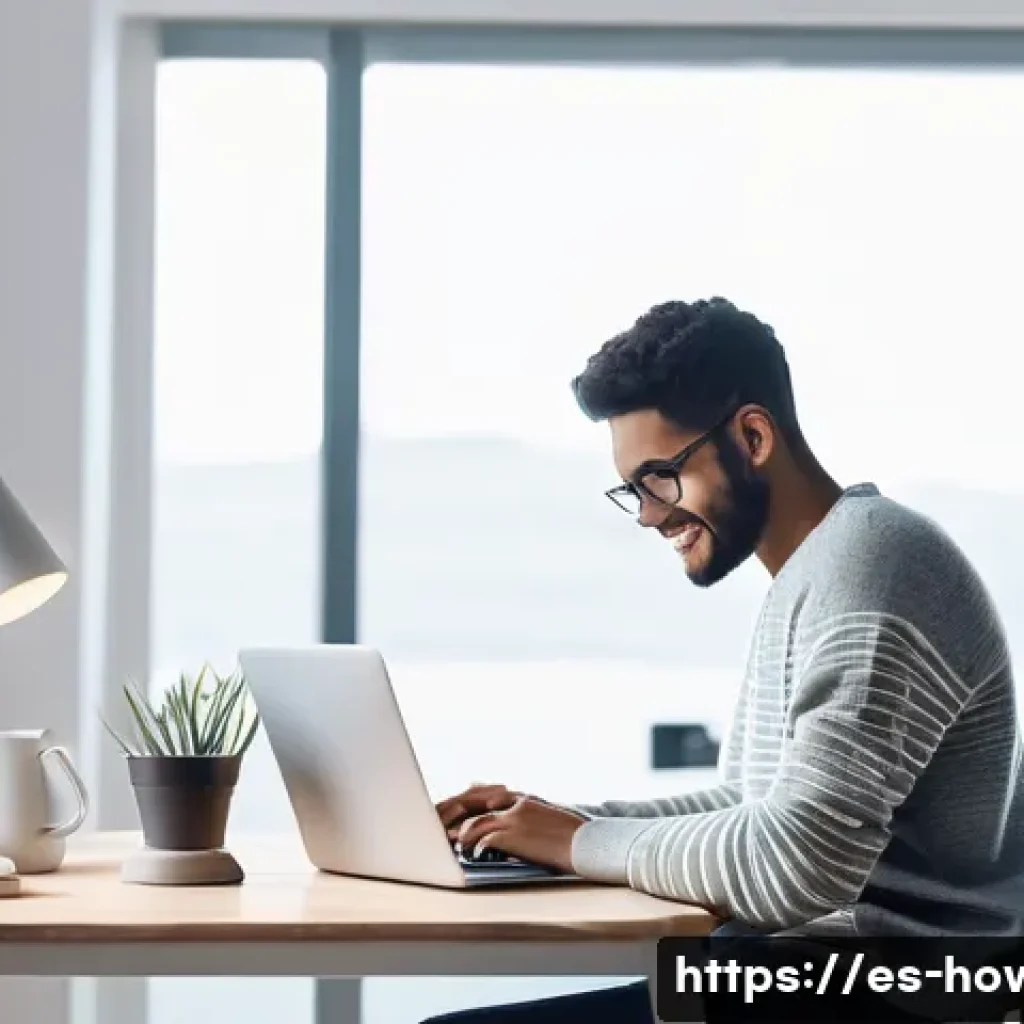 Zapier 활용법 - **Digital Freedom and Focused Productivity:** A serene, modern home office scene bathed in soft, nat...