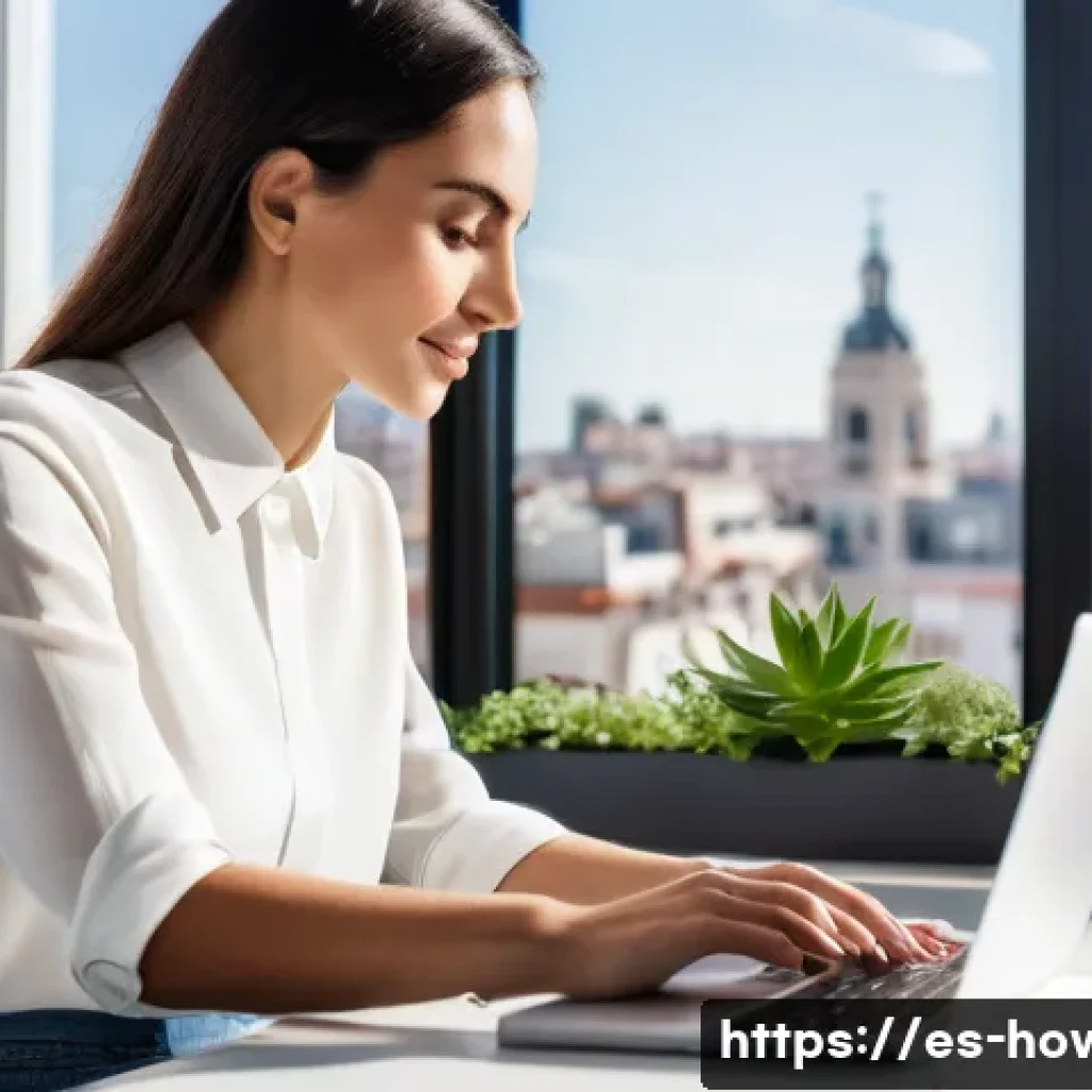 시간 관리 앱 추천 - A modern Spanish professional woman in her early 30s sitting at a sleek desk with a laptop and smart...