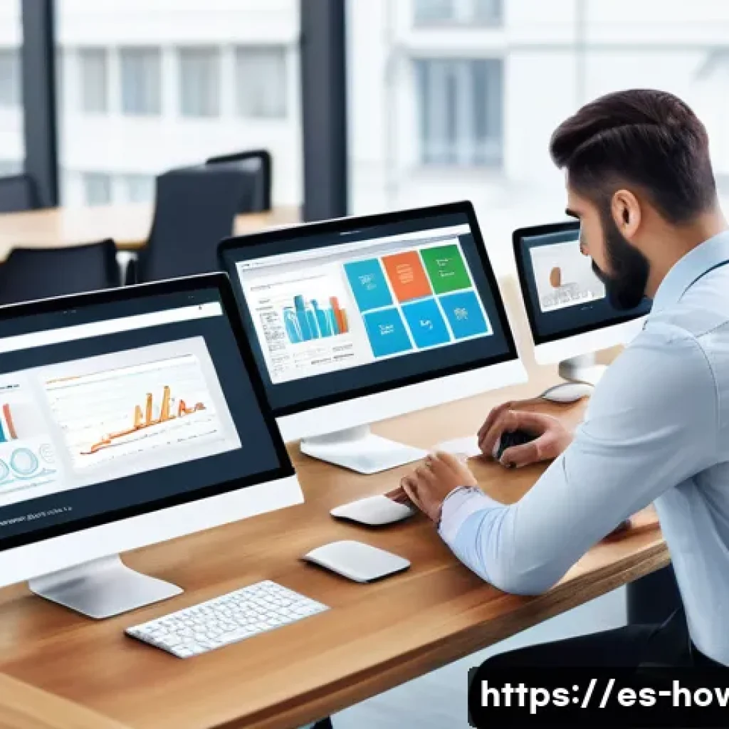디지털 콘텐츠 관리 시스템 활용법 - A modern digital workspace scene showing a diverse group of professionals collaborating on content m...