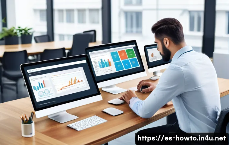 디지털 콘텐츠 관리 시스템 활용법 - A modern digital workspace scene showing a diverse group of professionals collaborating on content m...
