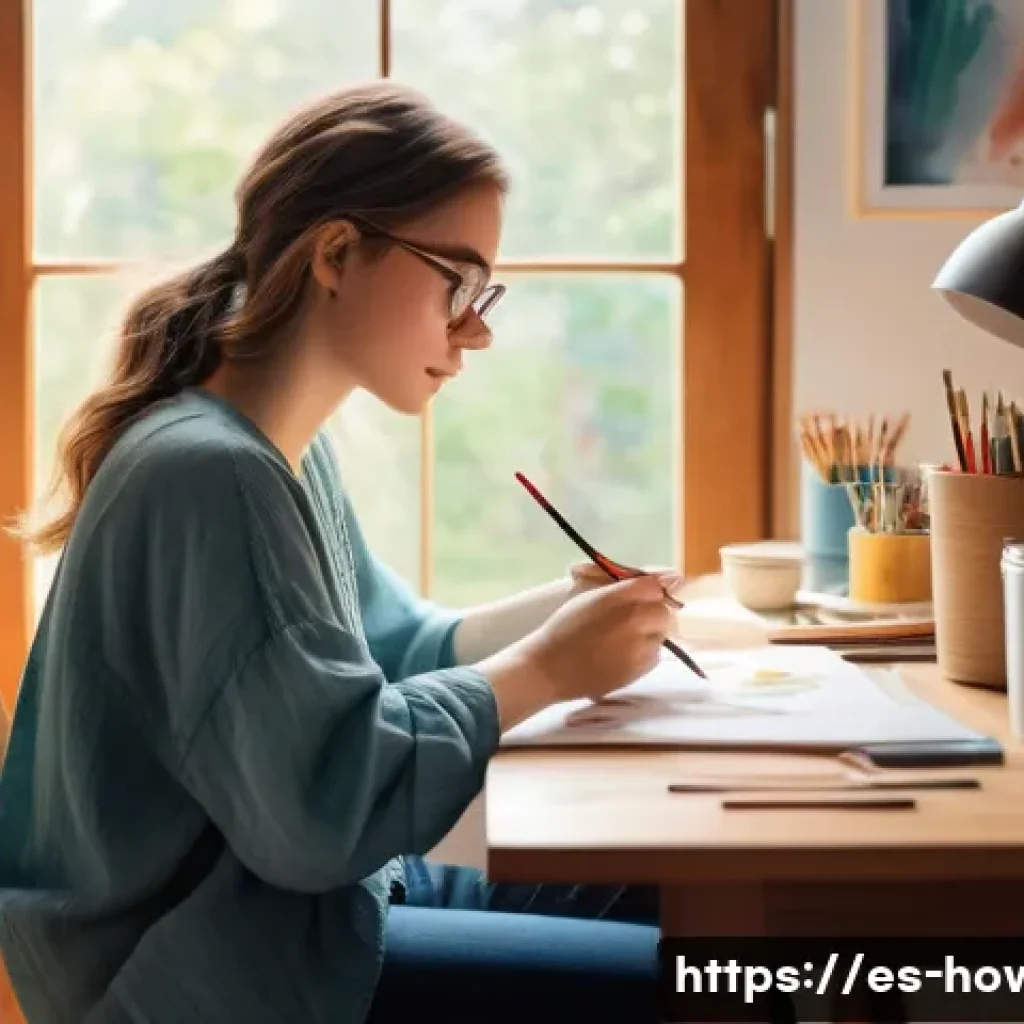 취미 생활을 통한 스트레스 관리 - A serene indoor scene featuring a young introspective woman sitting at a wooden desk by a large wind...