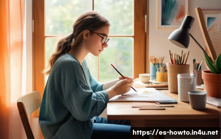 취미 생활을 통한 스트레스 관리 - A serene indoor scene featuring a young introspective woman sitting at a wooden desk by a large wind...