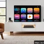 아이튠즈 활용법 - A modern home music setup showcasing a sleek Apple device screen displaying dynamic playlists in a s...