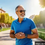 디지털 웨어러블 기기 활용법 - A middle-aged Hispanic man wearing casual smart clothing and a sleek smartwatch on his wrist, checki...