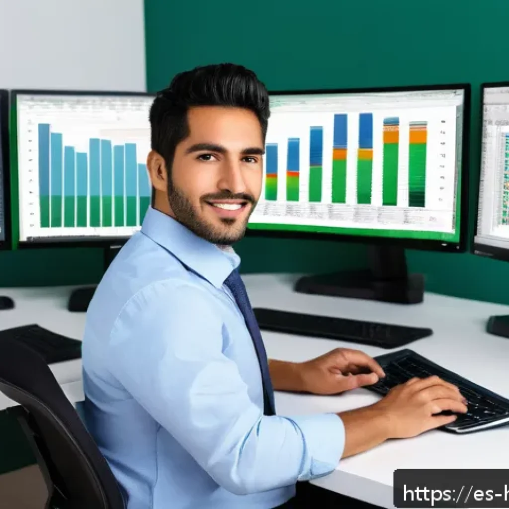 엑셀에서 매크로 활용법 - A modern office workspace featuring a focused Hispanic professional in business casual attire, sitti...