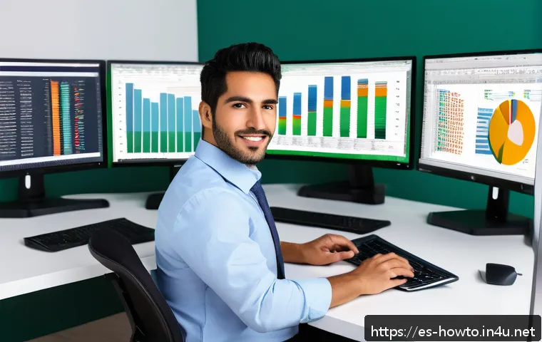 엑셀에서 매크로 활용법 - A modern office workspace featuring a focused Hispanic professional in business casual attire, sitti...