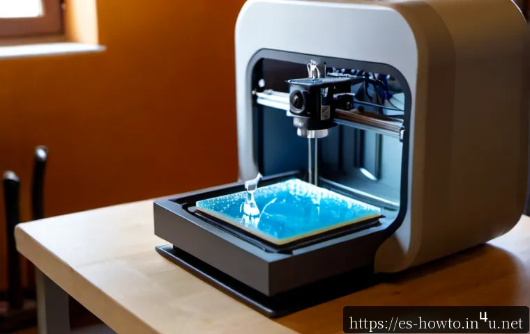 SLA 3D 프린팅 활용법 - Photorealistic close-up of a desktop SLA resin 3D printer in a bright Spanish home workshop, a glove...